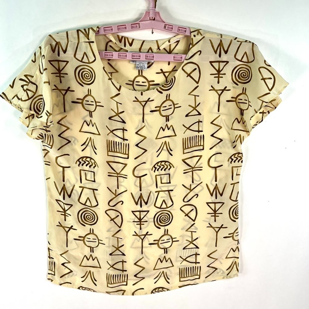 Alexandria Blouse Womens Size M Ivory Silk Dolman Sleeve Hieroglyphic Graphics